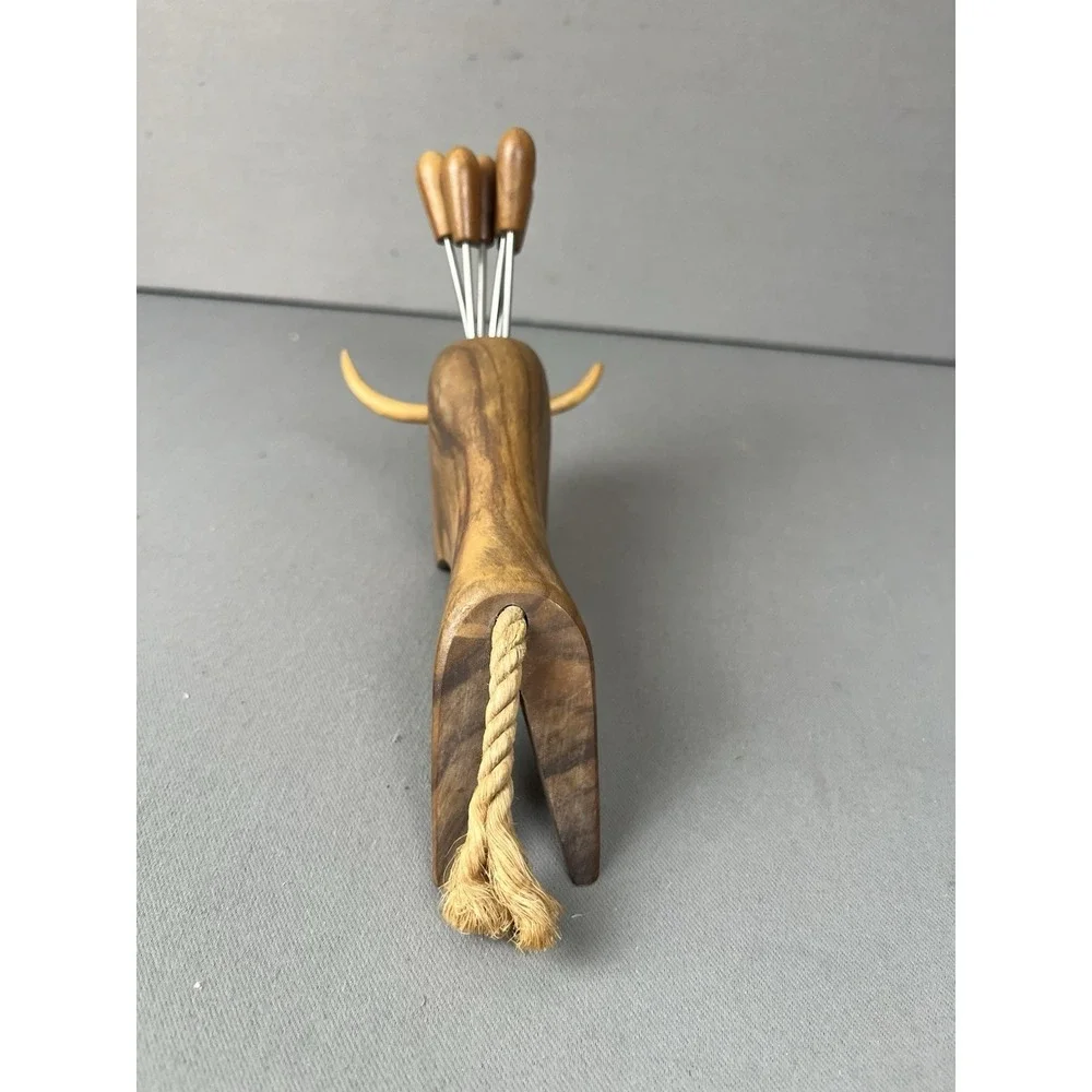 Vintage MCM Oliv-Art Olive Wood Bull Taureau 6 Appetizer Cocktail Skewers Forks